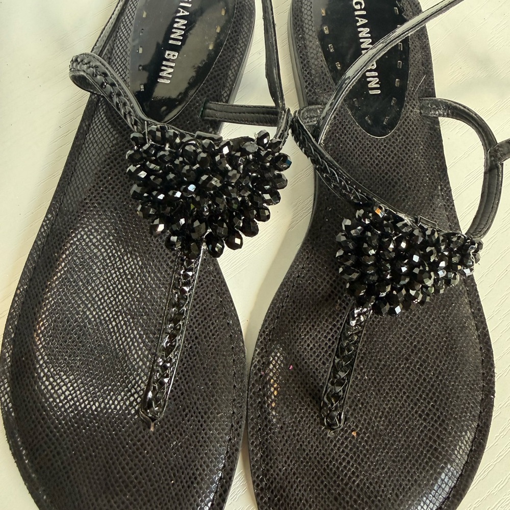 Gianni Bini Black Jeweled T-Strap Sandals with Cluster Crystals